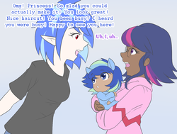 Size: 1215x918 | Tagged: safe, artist:jonfawkes, dj pon-3, sci-twi, twilight sparkle, vinyl scratch, oc, oc:sparkling sapphire, ask human octavia, series:sciset diary, equestria girls, g4, crossover, human coloration, magic, magical lesbian spawn, mistaken identity, offspring, parent:sci-twi, parent:sunset shimmer, parents:scitwishimmer