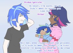 Size: 1215x892 | Tagged: safe, artist:jonfawkes, dj pon-3, sci-twi, twilight sparkle, vinyl scratch, oc, oc:sparkling sapphire, ask human octavia, series:sciset diary, equestria girls, g4, crossover, embarrassed, eyes closed, human coloration, magical lesbian spawn, mistaken identity, offspring, parent:sci-twi, parent:sunset shimmer, parents:scitwishimmer