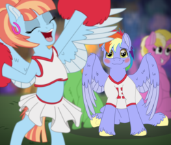 Size: 10296x8750 | Tagged: safe, artist:faitheverlasting, bow hothoof, windy whistles, pony, g4, absurd resolution, background pony, blushing, bowabetes, cheerleader, cheerleader outfit, clothes, cute, female, high school, jersey, male, midriff, pep rally, ship:windyhoof, shipping, straight, windybetes, younger