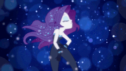 Size: 800x450 | Tagged: safe, screencap, rarity, equestria girls, g4, my little pony equestria girls: better together, the other side, animated, bare shoulders, beautiful, bedroom eyes, clothes, female, flowing hair, gif, gloves, jojo pose, lidded eyes, music video, pose, sexy, sinfully sexy, sleeveless, solo, sparkles, strapless