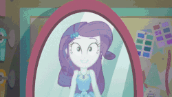 Size: 800x450 | Tagged: safe, screencap, rarity, equestria girls, equestria girls series, the other side, animated, bare shoulders, carousel dress, clothes, feet, female, geode of shielding, gif, high heels, jumping, magical geodes, mirror, one eye closed, open-toed shoes, sandals, shoes, sleeveless, strapless, toes, wink