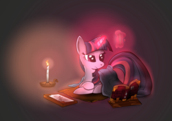 Size: 1024x722 | Tagged: safe, artist:swordflash4, twilight sparkle, pony, g4, blanket, book, candle, female, frown, glowing horn, gradient background, horn, lidded eyes, magic, mare, prone, reading, solo, telekinesis