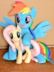 Size: 768x1024 | Tagged: safe, artist:nekokevin, fluttershy, rainbow dash, pegasus, pony, g4, cute, duo, female, holding, hug, irl, looking at you, lying down, mare, open mouth, photo, plushie, size difference, smiling, spread wings, underhoof, wings