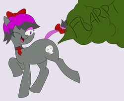 Size: 1280x1051 | Tagged: safe, artist:docmharti, oc, oc only, oc:jubilee, earth pony, pony, vampire, ear piercing, fart, fart cloud, fart noise, one eye closed, piercing, solo, wink