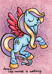 Size: 390x548 | Tagged: safe, artist:hollyann, oc, oc only, oc:sky prancer, pegasus, pony, abstract background, dancing, eyelashes, eyes closed, female, hoof shoes, mare, pegasus oc, rearing, signature, solo, traditional art, wings
