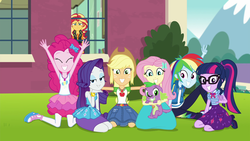 Size: 1920x1080 | Tagged: safe, screencap, applejack, fluttershy, pinkie pie, rainbow dash, rarity, sci-twi, spike, spike the regular dog, sunset shimmer, twilight sparkle, dog, equestria girls, equestria girls specials, g4, my little pony equestria girls: better together, my little pony equestria girls: forgotten friendship, clothes, humane five, humane seven, humane six, pantyhose, rah rah skirt, rarity peplum dress, sad, selfie, skirt, smiling