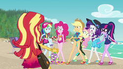 Size: 1920x1080 | Tagged: safe, screencap, applejack, fluttershy, pinkie pie, rainbow dash, rarity, sci-twi, spike, spike the regular dog, sunset shimmer, twilight sparkle, dog, equestria girls, equestria girls specials, g4, my little pony equestria girls: better together, my little pony equestria girls: forgotten friendship, angry, applejack's beach shorts swimsuit, argument, beach, cap, clothes, discussion in the comments, dork, feet, flip-flops, geode of empathy, geode of fauna, geode of shielding, geode of sugar bombs, geode of super speed, geode of super strength, geode of telekinesis, glasses, hat, humane five, humane seven, humane six, magical geodes, mane six, meme, midriff, one-piece swimsuit, sandals, sarong, schrödinger's pantsu, shorts, sun hat, swimsuit, waifu thief, wetsuit