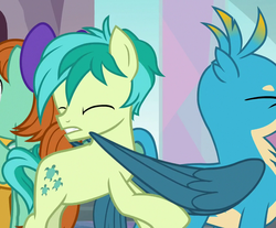 Size: 871x720 | Tagged: safe, screencap, gallus, sandbar, earth pony, griffon, pony, g4, school daze, cropped, cutie mark, eyes closed, male, out of context, teenager, wings