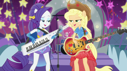 Size: 1920x1080 | Tagged: safe, screencap, applejack, pinkie pie, rarity, equestria girls, equestria girls specials, g4, my little pony equestria girls: better together, my little pony equestria girls: rollercoaster of friendship, clothes, cowboy hat, cute, dress, drums, eyeshadow, female, gloves, guitar, hat, keytar, lidded eyes, makeup, musical instrument, shipping fuel, stetson, super ponied up