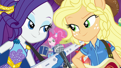 Size: 1920x1080 | Tagged: safe, screencap, applejack, pinkie pie, rainbow dash, rarity, equestria girls, equestria girls specials, g4, my little pony equestria girls: better together, my little pony equestria girls: rollercoaster of friendship, cowboy hat, cute, drums, female, guitar, hat, keytar, lidded eyes, microphone, musical instrument, ponied up, shipping fuel, stetson, super ponied up