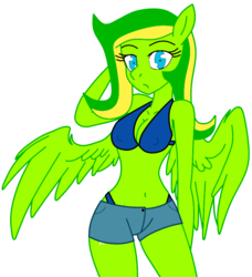 Size: 844x927 | Tagged: safe, artist:didgereethebrony, oc, oc only, oc:boomerang beauty, anthro, anatomically incorrect, bikini, bikini top, blue eyes, clothes, looking at you, shorts, simple background, solo, swimsuit, trace, transparent background