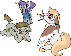 Size: 942x733 | Tagged: safe, artist:nootaz, maud pie, mudbriar, oc, oc:wings, pegasus, pony, g4, blushing, canon x oc, female, floppy ears, gay, gay in front of girls, heart, heartbreak, infidelity, lemme smash, male, mating dance, shocked, shocked expression, simple background, sticks, this will end in death, this will end in tears and/or death, transparent background