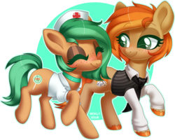 Size: 1837x1471 | Tagged: safe, artist:sickly-sour, oc, oc only, oc:minty pop, oc:parlay, earth pony, pony, blushing, clothes, cute, female, freckles, happy, jewelry, lesbian, mare, necklace, necktie, nurse, nurse outfit, oc x oc, ocbetes, parpop, shipping, shirt, simple background, smiling, unshorn fetlocks, vest