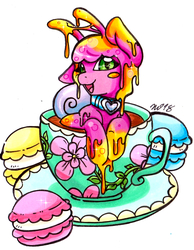 Size: 889x1147 | Tagged: safe, artist:imaranx, oc, oc only, goo, goo pony, monster pony, original species, pony, snail, snail pony, cup, cup of pony, food, in a cup, macaron, marker drawing, micro, ponified, slime, solo, teacup, traditional art, ych result
