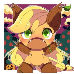 Size: 768x768 | Tagged: safe, artist:erufi, applejack, earth pony, pony, timber pony, timber wolf, g4, chibi, clothes, costume, cute, cute little fangs, fangs, female, halloween, holiday, jack-o-lantern, jackabetes, mare, no nose, pumpkin, solo, timber wolfified, timberjack