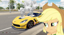 Size: 719x404 | Tagged: safe, artist:forzaveteranenigma, applejack, equestria girls, g4, broken, chevrolet, chevrolet corvette, corvette, corvette c7, disappointed, forza horizon, repair, smoke