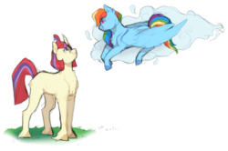 Size: 1280x849 | Tagged: safe, artist:elf-hollow, moondancer, rainbow dash, pony, g4, cloud, female, lesbian, rainbowdancer, shipping, simple background, transparent background