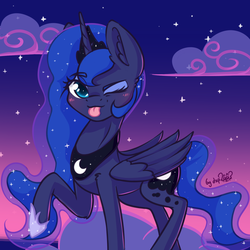Size: 1280x1280 | Tagged: safe, artist:dsp2003, princess luna, alicorn, pony, g4, 30 minute art challenge, :p, blushing, cloud, cute, female, hnnng, looking at you, lunabetes, mare, night, one eye closed, raised hoof, signature, silluna, silly, solo, tongue out, wink