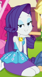 Size: 329x596 | Tagged: safe, screencap, applejack, pinkie pie, rarity, equestria girls, equestria girls specials, g4, my little pony equestria girls: better together, my little pony equestria girls: forgotten friendship, clothes, cropped, female, lidded eyes, offscreen character, rarity peplum dress, skirt, smiling