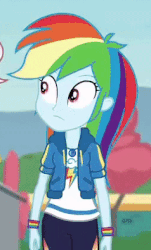 Size: 238x395 | Tagged: safe, screencap, rainbow dash, vignette valencia, equestria girls, equestria girls specials, g4, my little pony equestria girls: better together, my little pony equestria girls: rollercoaster of friendship, animated, cropped, crossed arms, eyes closed, female, geode of super speed, hips, magical geodes, smiling, sway, swaying hips, walking