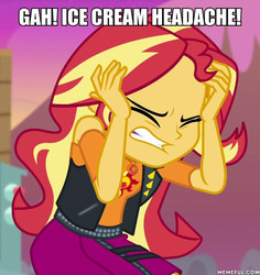 Size: 600x636 | Tagged: safe, edit, edited screencap, screencap, sunset shimmer, equestria girls, equestria girls specials, g4, my little pony equestria girls: better together, my little pony equestria girls: forgotten friendship, brain freeze, cropped, female, geode of empathy, image macro, magical geodes, meme, memeful.com, solo, text