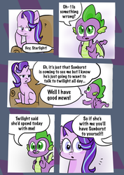 Size: 565x800 | Tagged: safe, artist:wander-ing7, spike, starlight glimmer, dragon, pony, unicorn, comic:return, g4, comic, couch, dialogue, sitting, winged spike, wings