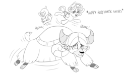 Size: 1280x775 | Tagged: safe, artist:sintakhra, princess flurry heart, yona, yak, tumblr:studentsix, g4, "best yak" trophy, baby, black and white, bouncing, cloven hooves, cute, descriptive noise, diaper, female, filly, flurrybetes, grayscale, happy, horse noises, lineart, monkey swings, monochrome, onomatopoeia, open mouth, simple background, smiling, trophy, white background, yonadorable