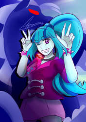 Size: 2893x4092 | Tagged: safe, artist:mantarwolf, sonata dusk, siren, equestria girls, g4, my little pony equestria girls: rainbow rocks, double peace sign, fangs, female, gem, looking at you, one eye closed, peace sign, ponytail, siren gem, smiling, solo, spiked wristband, wink, wristband