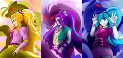 Size: 8682x4092 | Tagged: safe, artist:mantarwolf, adagio dazzle, aria blaze, sonata dusk, siren, equestria girls, g4, absurd resolution, female, gem, looking at you, siren gem, smiling, the dazzlings