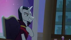 Size: 1280x720 | Tagged: safe, screencap, chancellor neighsay, pony, unicorn, g4, school raze, evil grin, facial hair, goatee, grin, hoof on chest, male, smiling, smug, solo, stallion
