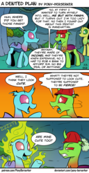 Size: 975x1911 | Tagged: safe, artist:pony-berserker, oc, oc:berzie, oc:dopple, changedling, changeling, comic:a dented plan, 2018, amazed, angry, asking, background changeling, background character, bush, cave, comic, curious, cute, cute little fangs, dentist, dialogue, digital art, duo focus, fangs, glowing, gritted teeth, happy, impressed, inconel, magic, magic glow, male, onomatopoeia, open mouth, pointing, raised hoof, raised leg, robbery, showing, side view, smiling, speech bubble, standing, steam, superalloy, talking, teeth, text, this is going to hurt, tooth, transformation, trio, vine