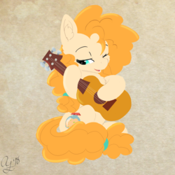 Size: 1280x1280 | Tagged: safe, artist:aurorafang, pear butter, earth pony, pony, g4, female, guitar, hoof hold, lineless, mare, one eye closed, simple background, solo