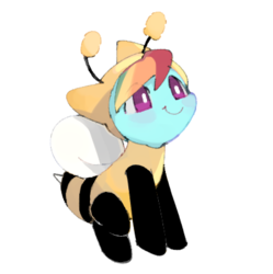 Size: 416x417 | Tagged: safe, artist:dusty-munji, rainbow dash, bee, pegasus, pony, animal costume, bee costume, blush sticker, blushing, chibi, clothes, costume, cute, daaaaaaaaaaaw, dashabetes, female, looking up, mare, simple background, smiling, solo, weapons-grade cute, white background