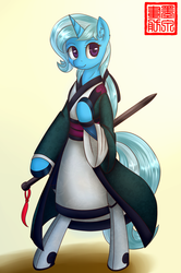Size: 1080x1628 | Tagged: safe, artist:darksprings, trixie, anthro, g4, arm hooves, chinese, clothes, dexterous hooves, fanfic art, female, hanfu, mare, robe, solo, sword, weapon, wuxia