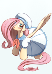 Size: 568x800 | Tagged: safe, artist:unousaya, fluttershy, pegasus, pony, g4, clothes, cute, dress, female, hat, mare, shyabetes, smiling, solo