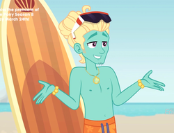 Size: 937x719 | Tagged: safe, screencap, zephyr breeze, blue crushed, equestria girls, equestria girls series, g4, beach, clothes, cropped, male, male nipples, nipples, partial nudity, shorts, smiling, solo, sunglasses, surfboard, swimming trunks, topless, zephyr's necklace