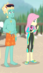 Size: 268x452 | Tagged: safe, screencap, fluttershy, zephyr breeze, blue crushed, equestria girls, equestria girls series, g4, barefoot, clothes, cropped, feet, female, fluttershy's wetsuit, geode of fauna, legs, magical geodes, male, male nipples, nipples, partial nudity, sandals, sunglasses, swimming trunks, swimsuit, topless, trio, wetsuit, zephyr's necklace