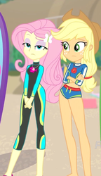 Size: 379x659 | Tagged: safe, screencap, applejack, fluttershy, blue crushed, equestria girls, g4, my little pony equestria girls: better together, applejack's hat, belly button, clothes, cowboy hat, cropped, female, fluttershy is not amused, geode of fauna, geode of super strength, hat, legs, magical geodes, swimsuit, unamused