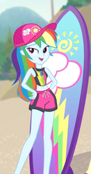 Size: 350x669 | Tagged: safe, screencap, rainbow dash, blue crushed, equestria girls, equestria girls series, g4, cap, clothes, cropped, cute, female, geode of super speed, hat, legs, magical geodes, shorts, smiling, solo, surfboard, swimsuit