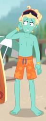 Size: 167x434 | Tagged: safe, screencap, zephyr breeze, blue crushed, equestria girls, equestria girls series, g4, arm behind head, beach, clothes, cropped, feet, legs, male, male feet, male nipples, nipples, partial nudity, shorts, solo, sunglasses, swimming trunks, toes, topless