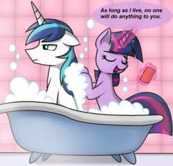 Size: 1030x984 | Tagged: safe, artist:pencil bolt, shining armor, twilight sparkle, pony, unicorn, g4, babying armor, bath, bathing, bathing together, bathroom, bathtub, brother and sister, claw foot bathtub, dialogue, duo, female, male, mare, overprotective, protective little sister, shining armor is not amused, siblings, sisters gonna sister, stallion, unamused, unicorn twilight