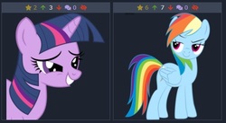 Size: 490x269 | Tagged: safe, rainbow dash, twilight sparkle, derpibooru, g4, juxtaposition, juxtaposition win, meme, meta