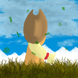 Size: 1000x1000 | Tagged: safe, artist:adjierakapangestu, applejack, earth pony, pony, g4, cowboy hat, female, hat, leaves, lineless, mare, mountain, solo