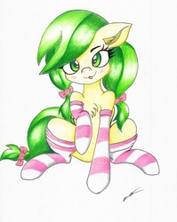 Size: 2440x3062 | Tagged: safe, artist:luxiwind, apple fritter, pony, g4, :p, apple family member, blushing, chest fluff, clothes, cute, ear fluff, female, fritterbetes, high res, silly, sitting, socks, solo, striped socks, tongue out, traditional art