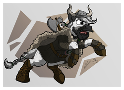 Size: 4240x3080 | Tagged: safe, artist:lupiarts, artist:snoopystallion, oc, oc:snoopy stallion, attack, axe, battle axe, beard, comic sins, digitalized, facial hair, helmet, horned helmet, manly, open mouth, tongue out, viking, viking helmet, weapon, yelling