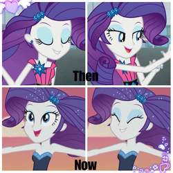 Size: 1024x1024 | Tagged: safe, edit, edited screencap, screencap, rarity, equestria girls, g4, life is a runway, my little pony equestria girls: better together, the other side, bare shoulders, beautiful, beautisexy, clothes, comparison, dress, eyeshadow, fabulous, makeup, nail polish, smiling, strapless, then and now