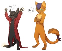 Size: 2200x1800 | Tagged: safe, artist:reysi, capper dapperpaws, oc, cat, anthro, g4, my little pony: the movie, accessory theft, anthro oc, chest fluff, clothes, coat, i'm the friend you need, jacket, paws, speech bubble, standing