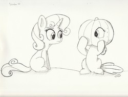 Size: 3330x2519 | Tagged: safe, artist:taurson, apple bloom, sweetie belle, earth pony, pony, unicorn, g4, black and white, female, filly, grayscale, high res, monochrome, pumpkinhead