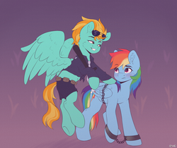 Size: 2000x1678 | Tagged: safe, artist:spirit-dude, lightning dust, rainbow dash, pegasus, pony, g4, arrested, belly button, blushing, bound wings, chains, cuffs, officer ld, police officer, police uniform, prisoner rd, shackles, smiling, smirk, sunglasses, wings