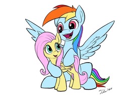 Size: 1024x768 | Tagged: safe, artist:tsitra360, fluttershy, rainbow dash, g4, hug, size difference, spread wings, wings